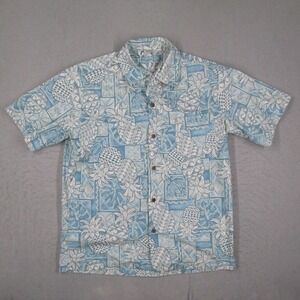 Vintage Malihini Hawaii Mens Large Blue Pineapple Tropical Print Aloha Shirt L
